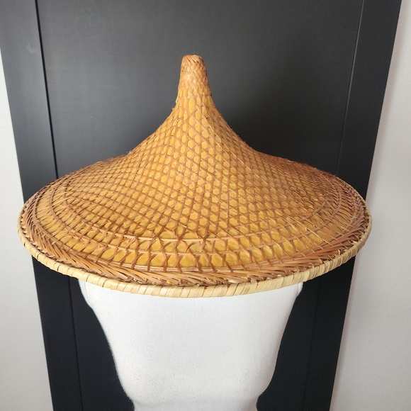 Vintage Asian Conical Rattan Leaf Rickshaw Coolie Hat Cantonese Chinese Handmade - Picture 3 of 12